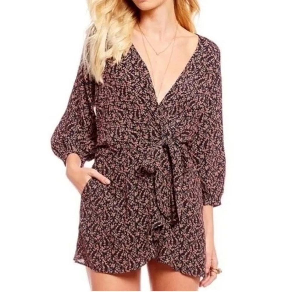 Free People Clara Dress Floral Wrap Dress Mini Long Sleeve Boho Tunic Size XS